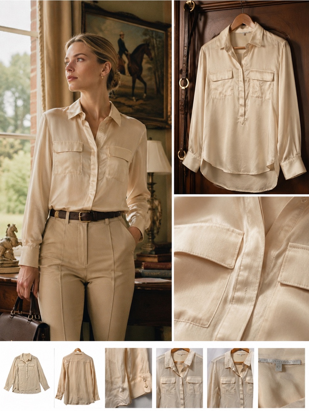 VTG Y2K JODHPUR SILK Blouse Ivory Long Sleeve Button Equestrian Large 44